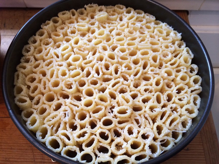 Fill up the springform pan with all of your cooked rigatoni